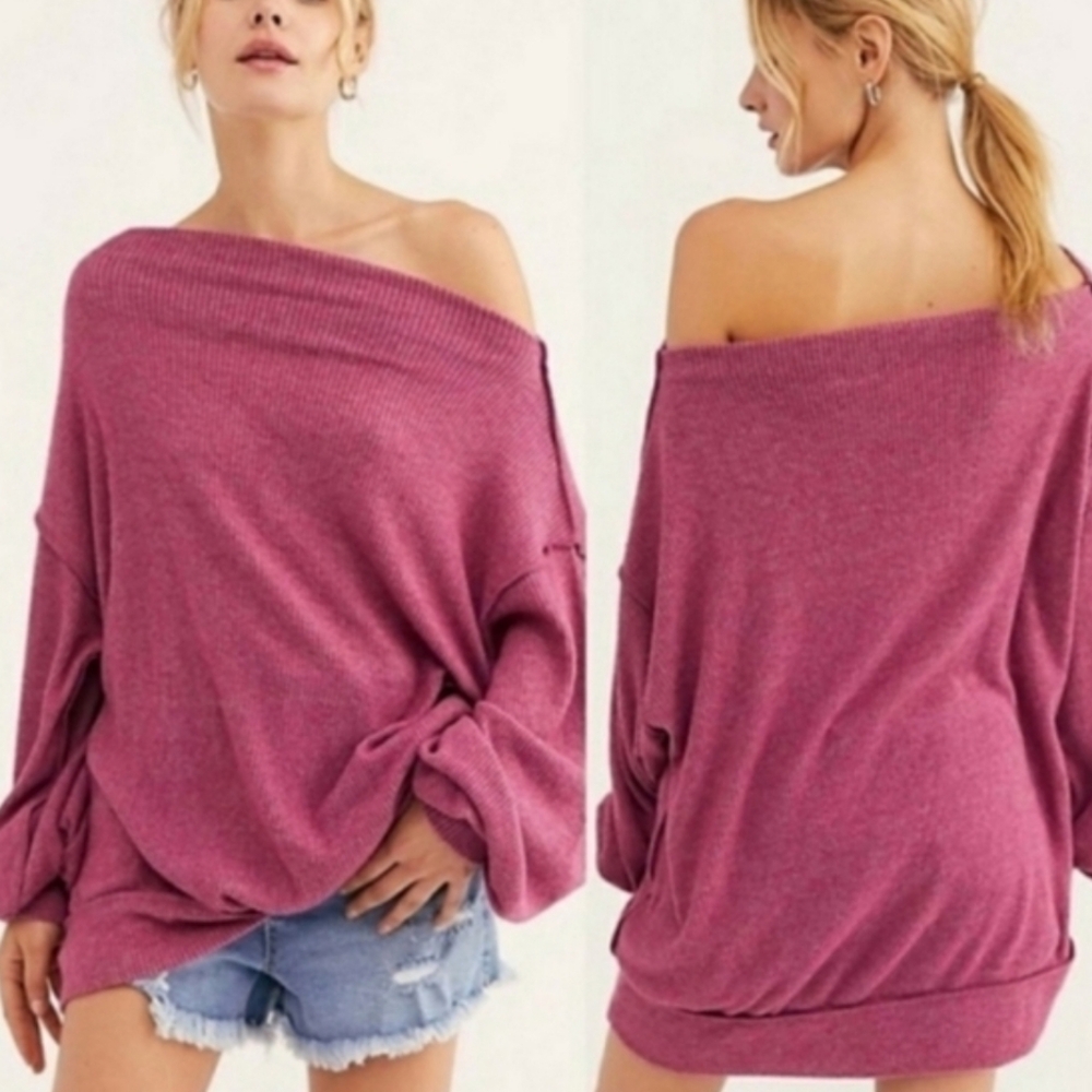 Free People - Main Squeeze Hacci Top - Oversized, Ribbed Knit, Off Shoulder